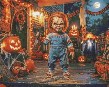 Chucky Halloween diamond painting kit with pumpkins and spooky decorations