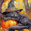 Sleepy cat wearing a witch hat and sleeping on a pumpkin
