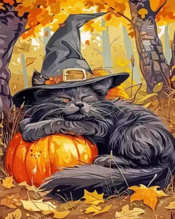 Sleepy cat wearing a witch hat and sleeping on a pumpkin