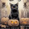 Black cat Halloween diamond painting kit with pumpkins and bats