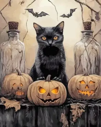 Black cat Halloween diamond painting kit with pumpkins and bats