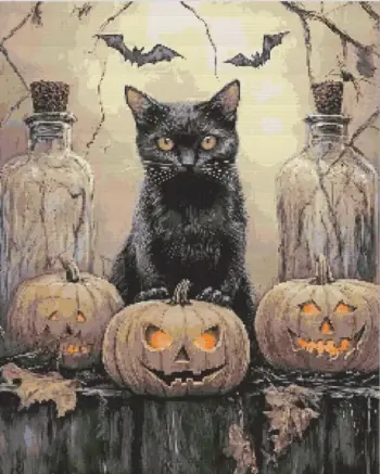 Black cat Halloween diamond painting kit with pumpkins and bats