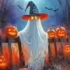 Halloween ghost diamond painting with pumpkins and spooky decorations