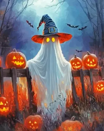 Halloween ghost diamond painting with pumpkins and spooky decorations