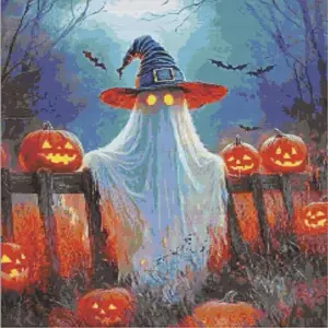Halloween ghost diamond painting with pumpkins and spooky decorationsHalloween ghost diamond painting with pumpkins and spooky decorations