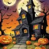 Big haunted Halloween house castle diamond painting under a spooky autumn sky