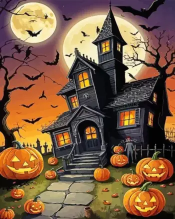 Big haunted Halloween house castle diamond painting under a spooky autumn sky