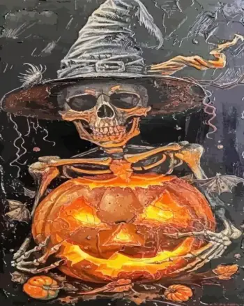 Spooky Halloween skeleton diamond painting with a dark autumn atmosphere