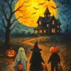 Halloween trick-or-treaters walking at night in spooky costumes