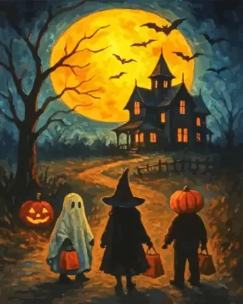 Halloween trick-or-treaters walking at night in spooky costumes