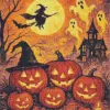 Flying witch silhouette with pumpkins in a spooky Halloween scene
