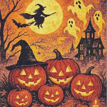Flying witch silhouette with pumpkins in a spooky Halloween scene