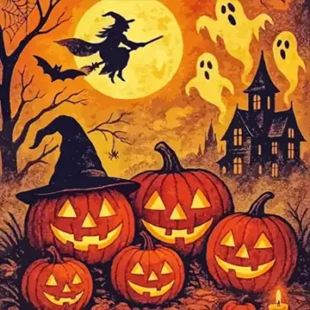 Flying witch silhouette with pumpkins in a spooky Halloween scene