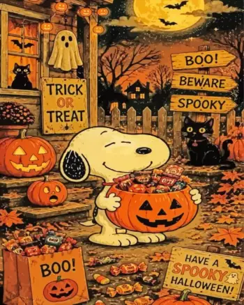 Halloween Snoopy diamond painting with pumpkins and spooky decorations