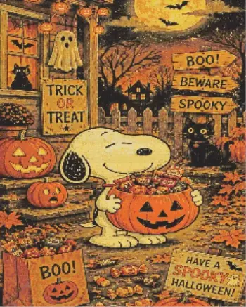 Halloween Snoopy diamond painting with pumpkins and spooky decorations