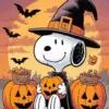 Snoopy Halloween diamond painting with pumpkins and spooky decorations