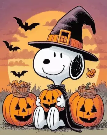 Snoopy Halloween diamond painting with pumpkins and spooky decorations