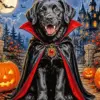 Vampire black dog Halloween diamond painting with vampire teeth and costume