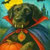 Black dog dressed as a vampire with fangs and cape for Halloween