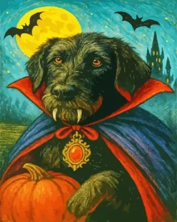 Black dog dressed as a vampire with fangs and cape for Halloween