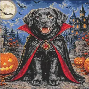 Vampire black dog Halloween diamond painting with vampire teeth and costume
