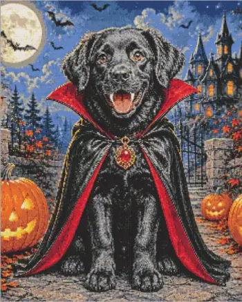 Vampire black dog Halloween diamond painting with vampire teeth and costume