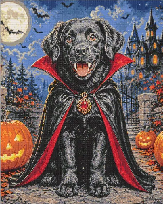 vampire dog Diamond Paints Vampire black dog Halloween diamond painting with vampire teeth and costume