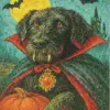 Black dog dressed as a vampire with fangs and cape for Halloween