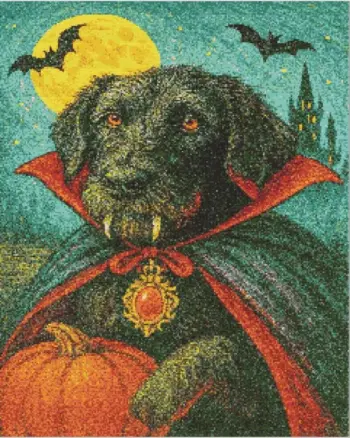 Black dog dressed as a vampire with fangs and cape for Halloween