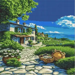 : Mediterranean villa diamond painting kit with charming coastal scenery