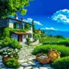 : Mediterranean villa diamond painting kit with charming coastal scenery