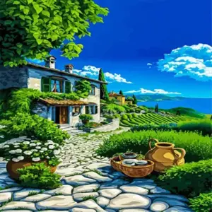 : Mediterranean villa diamond painting kit with charming coastal scenery