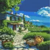 : Mediterranean villa diamond painting kit with charming coastal scenery