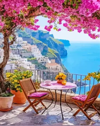 Amalfi Coast diamond painting kit — colorful Italian cliffside village overlooking the sea