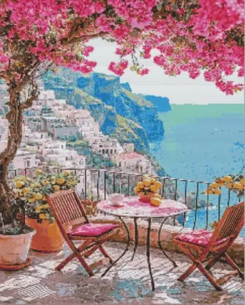 Amalfi Coast diamond painting kit — colorful Italian cliffside village overlooking the sea