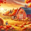 Autumn farm diamond painting kit — red barn pumpkins and colorful fall trees at sunset