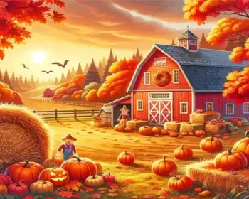 Autumn farm diamond painting kit — red barn pumpkins and colorful fall trees at sunset