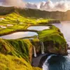 Azores coastal waterfalls diamond painting kit — green cliffs lagoons and waterfalls flowing into the Atlantic Ocean