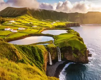 Azores coastal waterfalls diamond painting kit — green cliffs lagoons and waterfalls flowing into the Atlantic Ocean