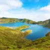 Azores crater lake diamond painting kit — blue volcanic lake surrounded by green hills