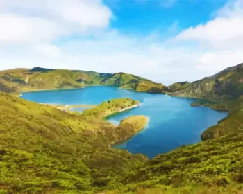 Azores crater lake diamond painting kit — blue volcanic lake surrounded by green hills
