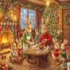 Bunnies celebrating Christmas diamond painting kit with festive tree, fireplace, gifts, and holiday table