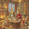 Bunnies celebrating Christmas diamond painting kit with festive tree, fireplace, gifts, and holiday table