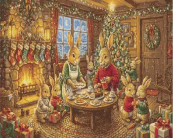 Bunnies celebrating Christmas diamond painting kit with festive tree, fireplace, gifts, and holiday table