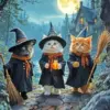 Cute witch cats Halloween diamond painting kit with full-drill 5D sparkle, square or round drills, all sizes. A spooky and playful design for cat lovers.