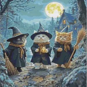 Cute witch cats Halloween diamond painting kit with full-drill 5D sparkle, square or round drills, all sizes. A spooky and playful design for cat lovers.