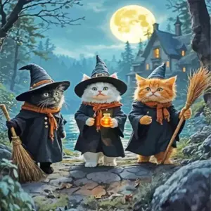 Cute witch cats Halloween diamond painting kit with full-drill 5D sparkle, square or round drills, all sizes. A spooky and playful design for cat lovers.