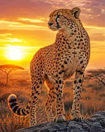 Cheetah diamond painting kit — spotted cheetah overlooking the African savanna at sunset