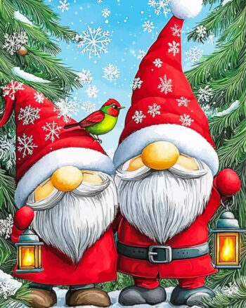 Christmas gnomes diamond painting kit — festive holiday gnomes in a cozy Christmas scene