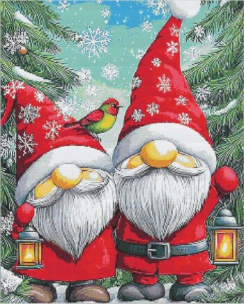Christmas gnomes diamond painting kit — festive holiday gnomes in a cozy Christmas scene